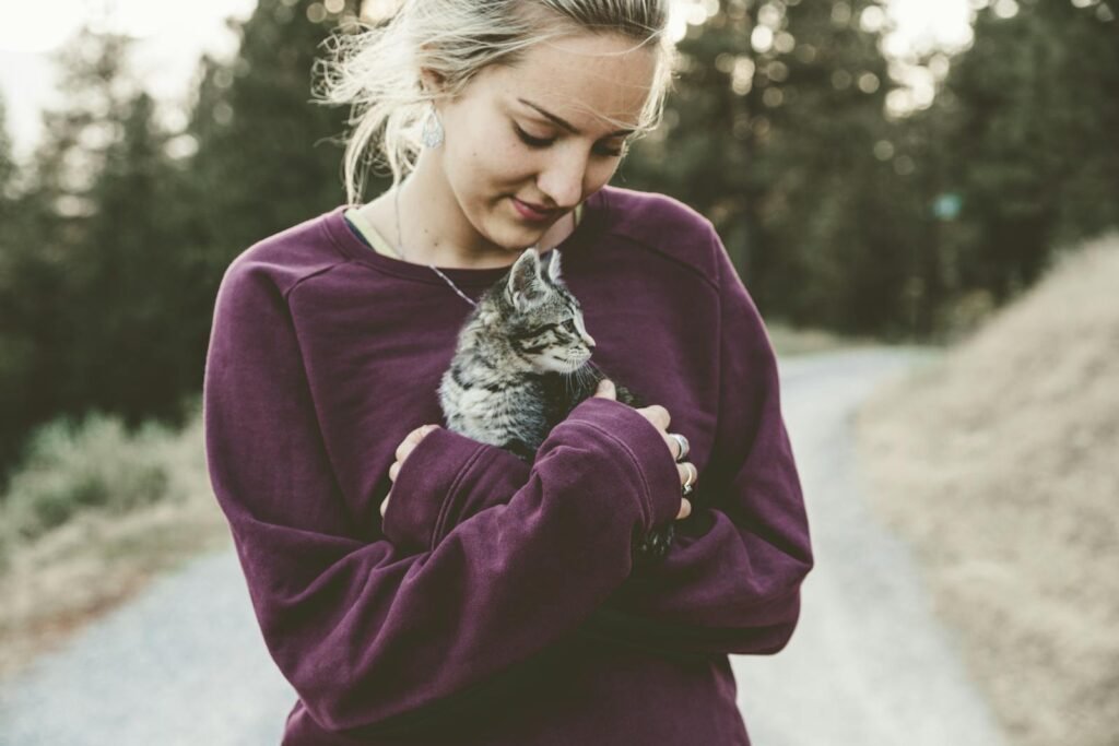 Woman Wearing Purple Sweater Holding Silver Tabby Cat